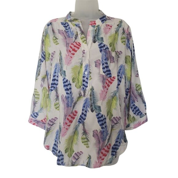 Depri Feather Novelty Print Blouse Size L Multi-colored Mandarin Neck 3/4 Sleeve - Picture 1 of 8
